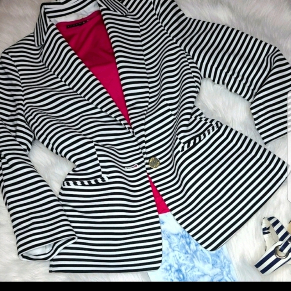 Ann Klein Striped Blazer Black White Size Medium